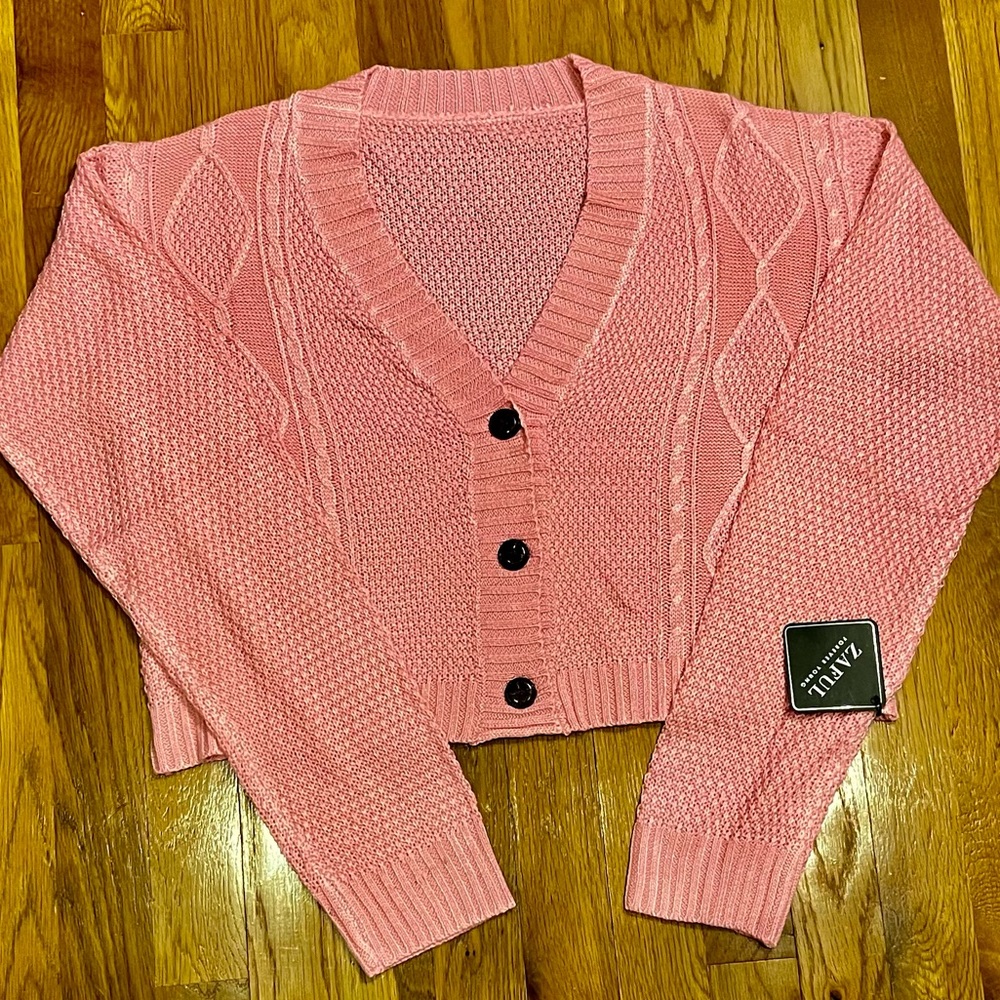 Pink cropped cardigan cotton sweater with brown buttons.  Never worn , NWT